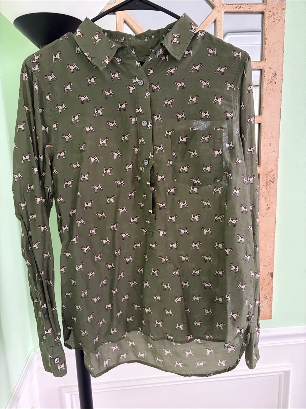 J. Crew Olive Green Button-Up Shirt with Dog Print cotton and silk